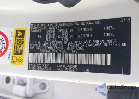 2019 Toyota Highlander Hybrid Xle из США, поврежденный, VIN 5TDJGRFH2KS074506